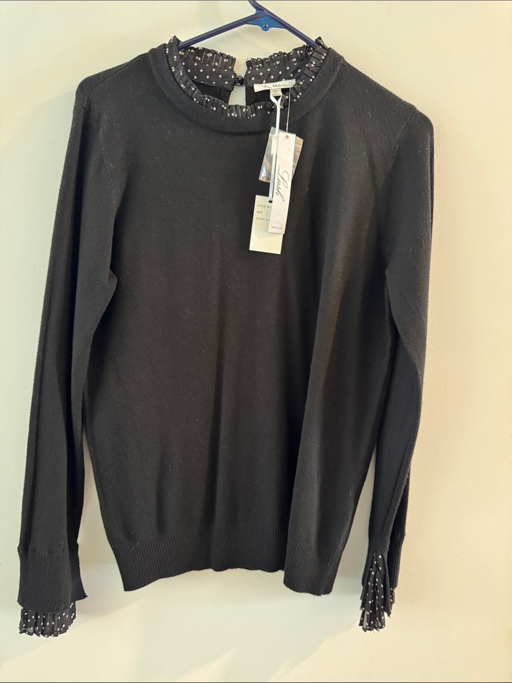 Black Polka Dot Trim Crewneck Sweater Nila Milano